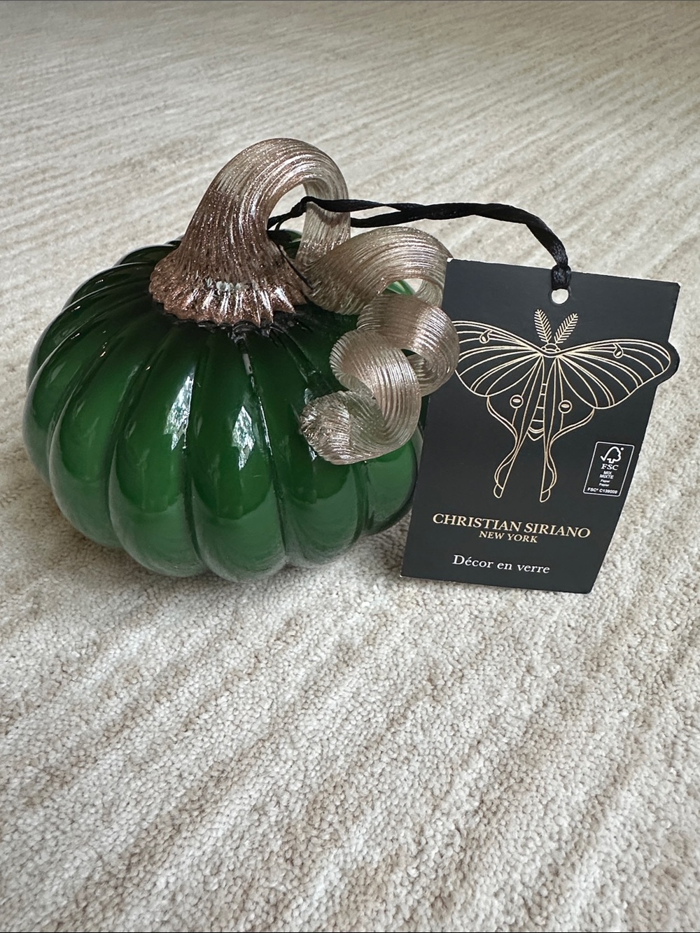Christian Siriano Green Glass Pumpkin with Gold Metallic Stem 5”